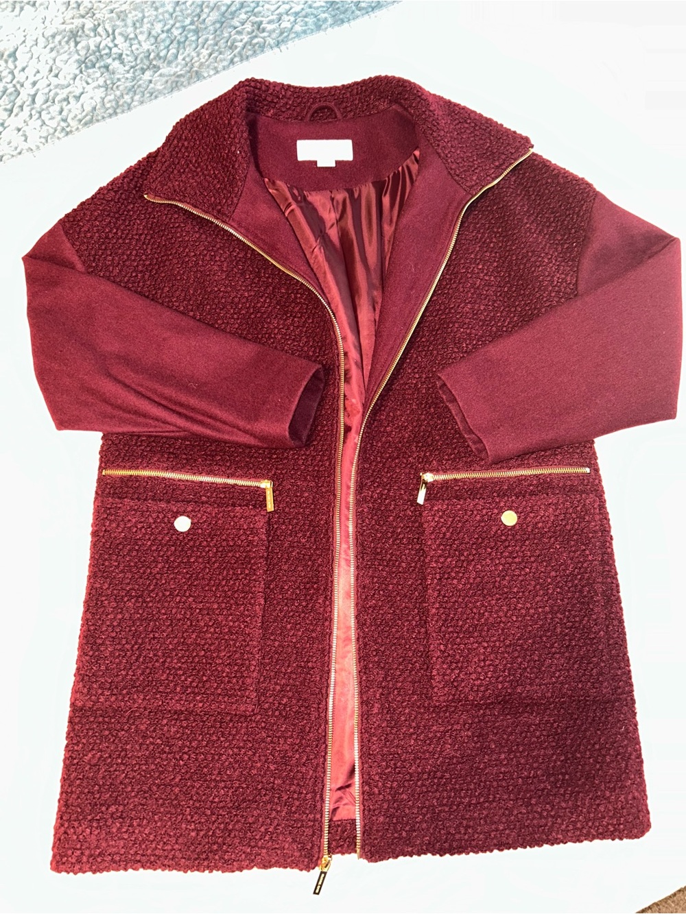 Women’s Burgundy Zip-Front Textured Coat